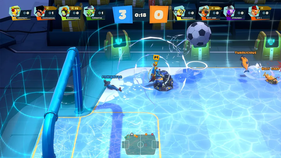 Fish players scramble beneath a soccer ball beside a glowing blue goal