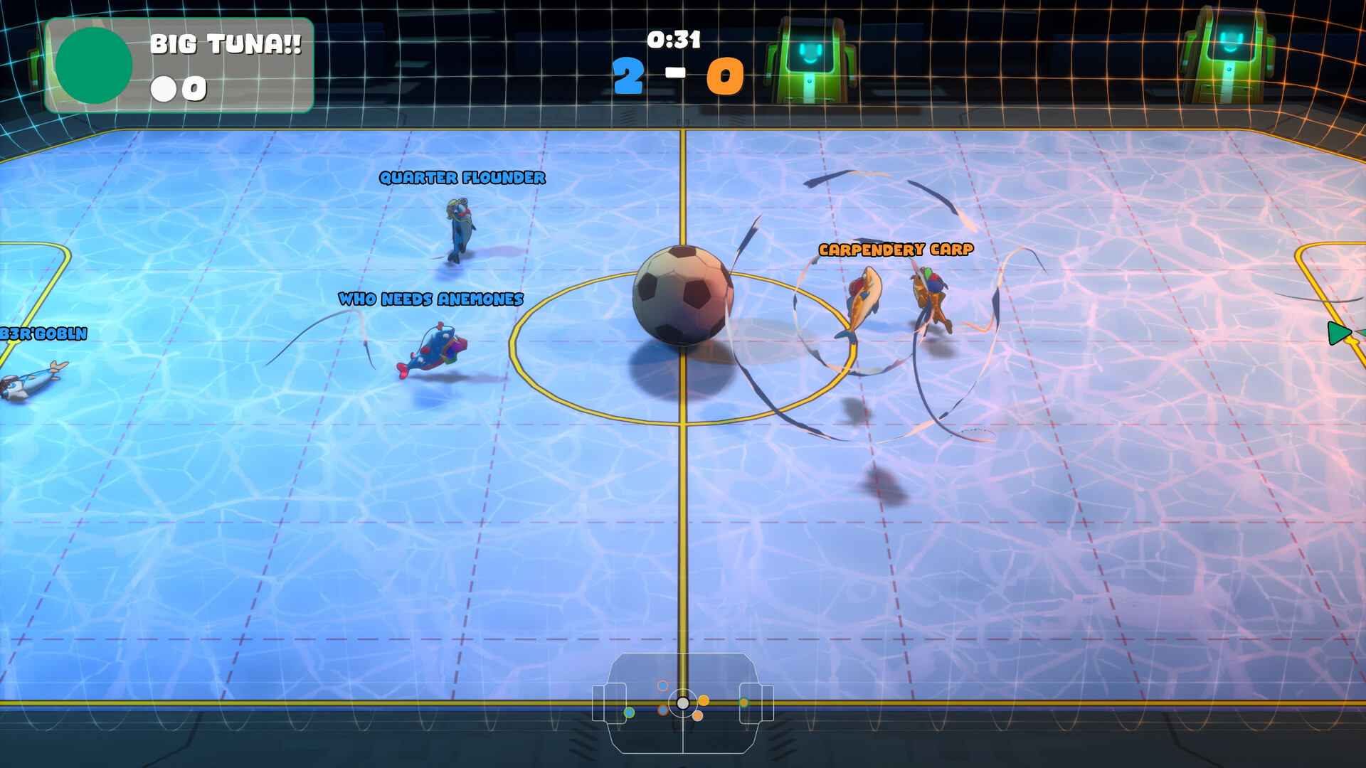 Colorful fish battle over a giant soccer ball in a neon arena