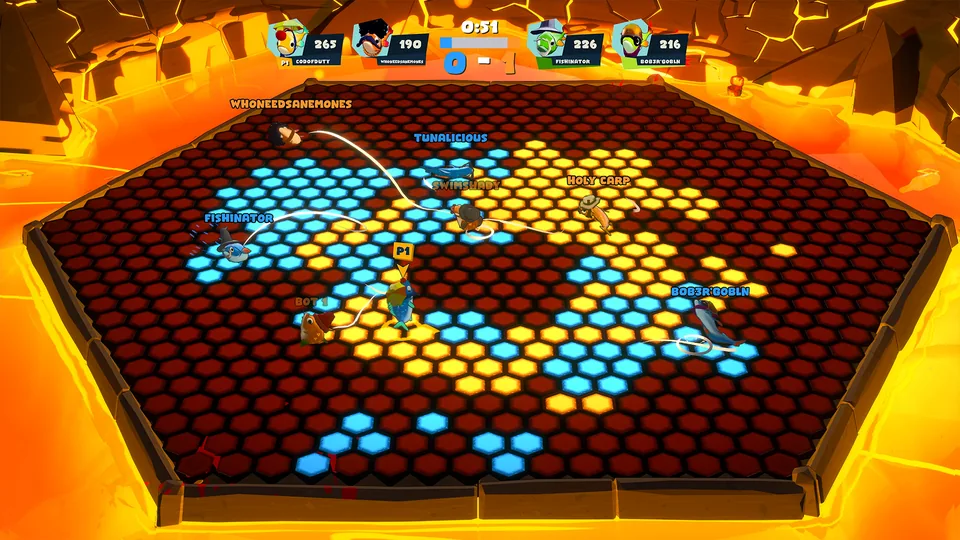 Fish compete across glowing blue and orange hexagonal tiles in a lava arena